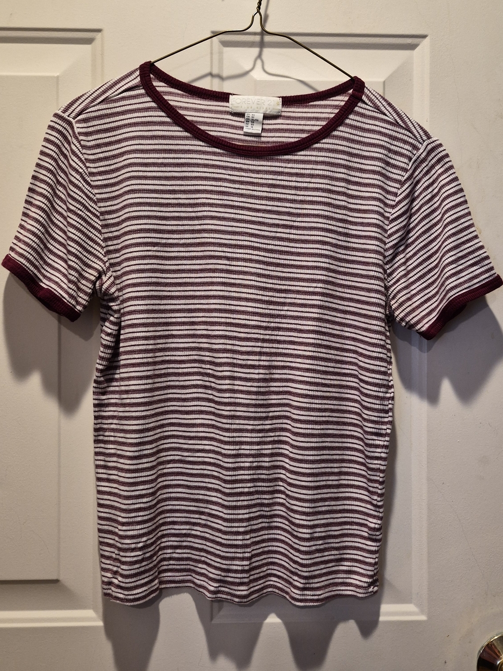 Forever 21 Plus Striped Ringer Tee in White and Burgundy